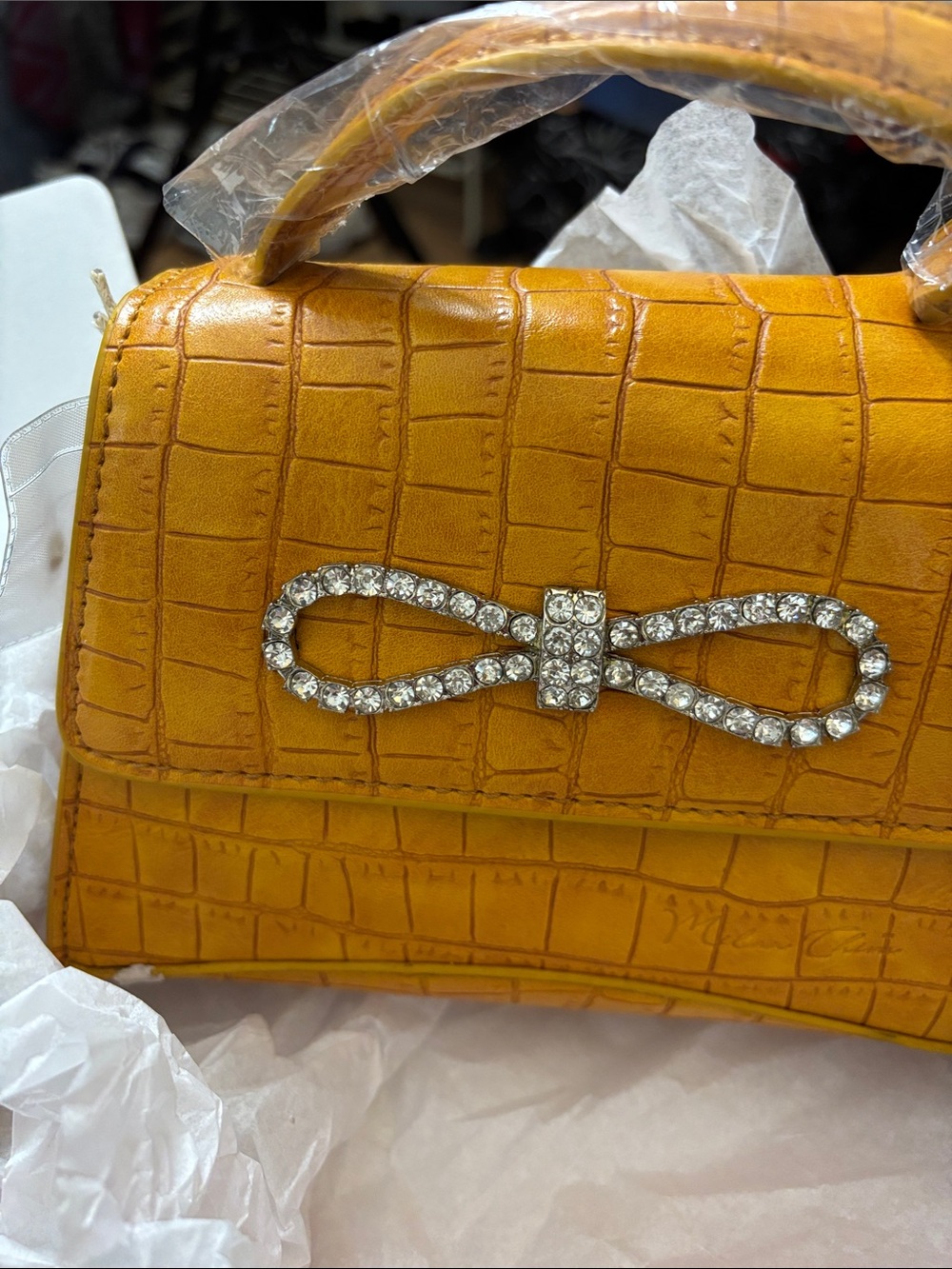 Croc-Embossed Top-Handle Satchel with Crystal Bow - Mustard Yellow